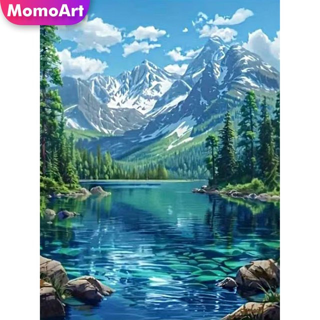 Momoart Diamantmalerei See-Landschaft DIY Diamant-Mosaik mit Berg und Fluss, Acryl-Bastelbedarf in Multicolour, B/H: 30 x 20 cm - Bild 1