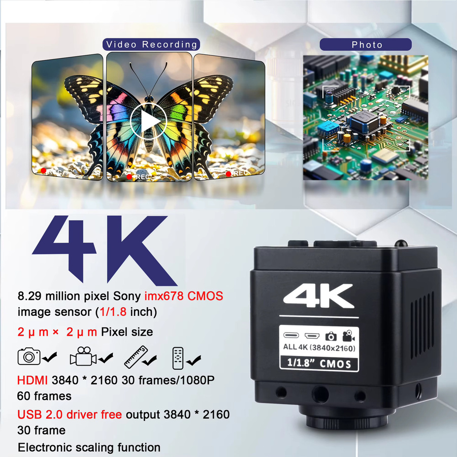 YIZHAN 4K Industriemikroskop-Kamera-Set für Lötarbeiten mit IMX678 Sensor, digitales elektronisches Mikroskop mit 215-fachem Zoom und Objektträgerhalterung in Schwarz - Bild 2