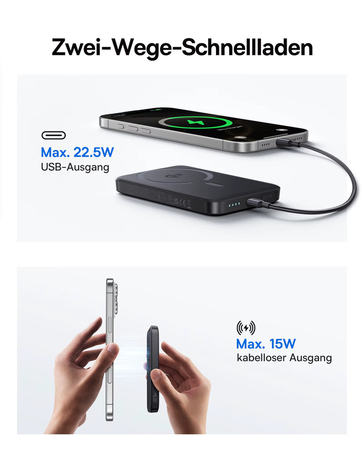 Baseus Qi2 Magnetische Powerbank 10000mAh in Schwarz mit 15W kabelloser und 22.5W PD Schnellladung - Bild 5