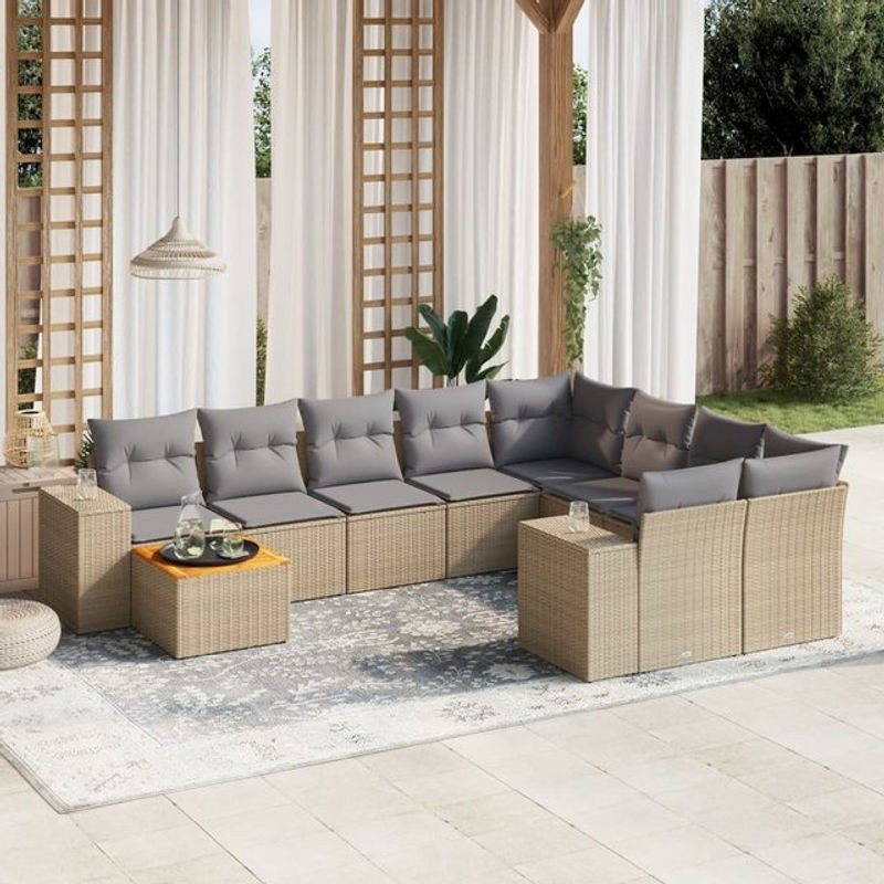 Vidaxl Gartenmöbel-Set aus Polyrattan und Akazie mit 10 Teilen und Kissen, Beige - Bild 1