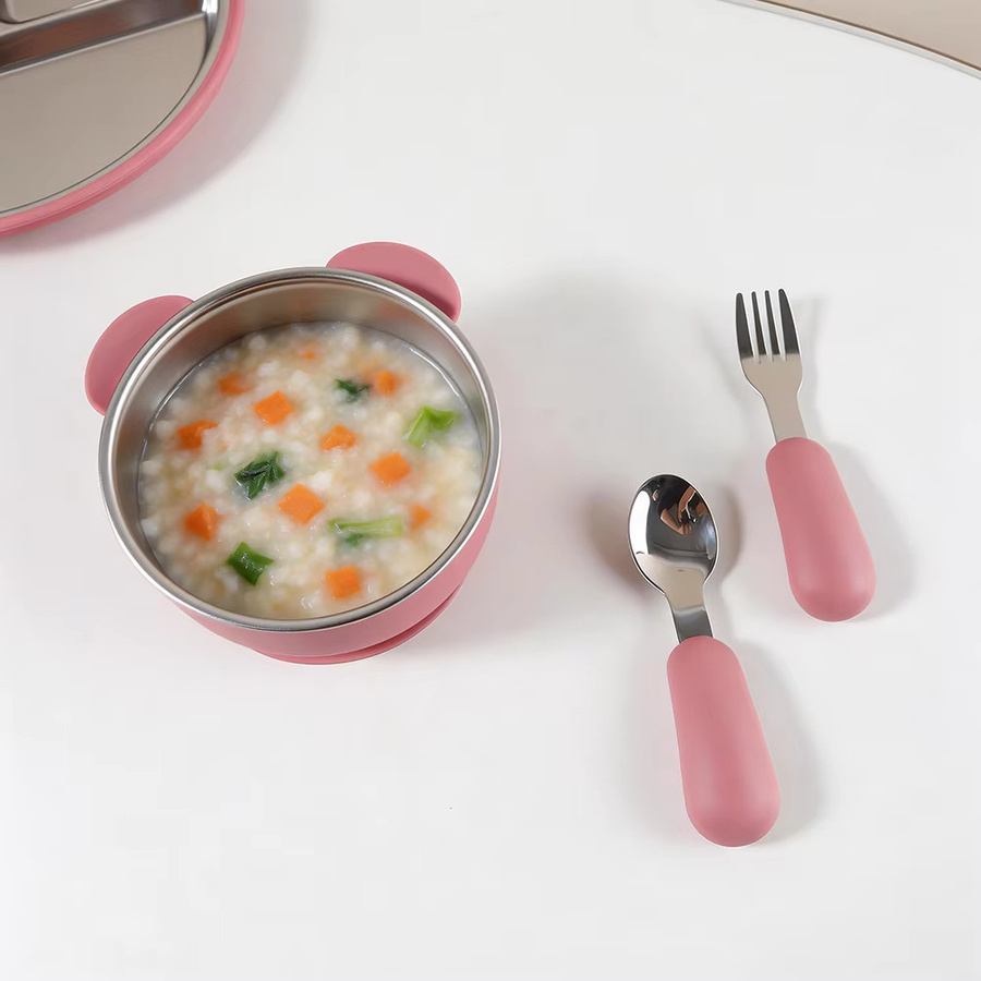 MIGITOS Bärenförmige Baby-Saugschüssel mit Löffel- und Gabel-Set aus Silikon und Edelstahl, 400 ml, beige oder pink - Bild 1