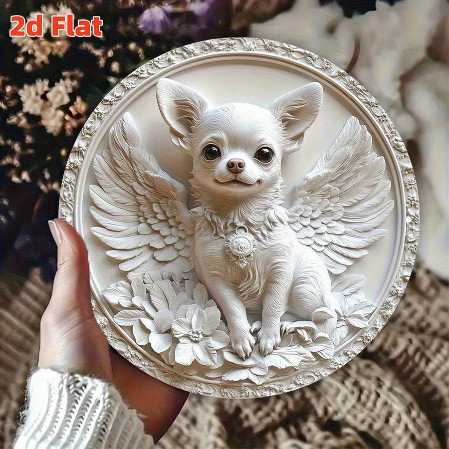 Potdemiel Angel Dog Relief Wall Art – Geflügelter Chihuahua als 2D Flat Hängeschild aus Aluminium, Weiß, Durchmesser: 19,79 cm - Bild 4