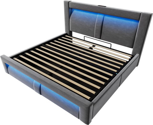 AB Store Doppelbett mit hydraulischem Lift und gepolstertem Kopfteil in Grau, H x B x T: 107 x 217 x 143 cm - Bild 1