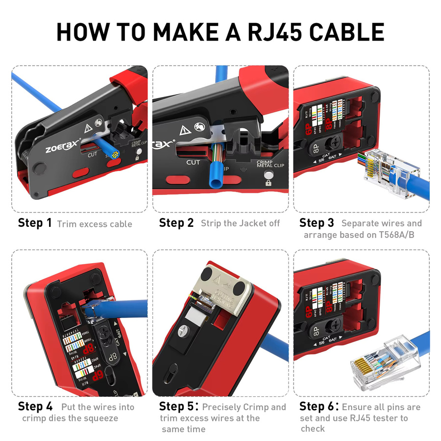 ZoeRax RJ45 Crimpzange für Cat7 Cat6a Cat6 Cat5e Ethernet-Anschlüsse mit Abisolier- und Schneidefunktion in Gelb-Rot - Bild 6