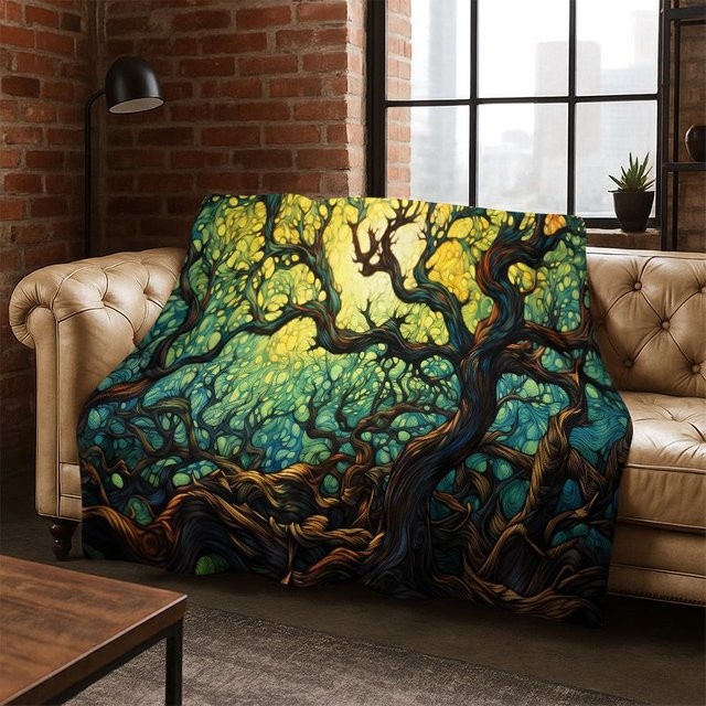 Faviora Flanelldecke mit Yggdrasil Baum des Lebens Motiv, weiche Überwurfdecke für Kinder, Mehrfarbig, B/T: 150 x 135 cm - Bild 1