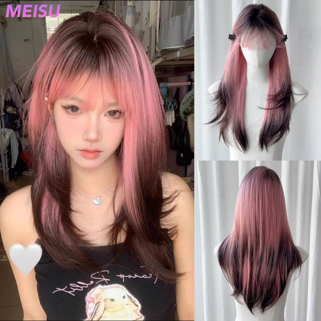 MEISU Synthetische Perücke, 24 Zoll, Rosa, Geschichtet, Damen - Bild 1