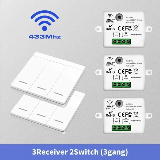 YJMP Drahtloser Smart Home Lichtschalter mit 433MHz Fernbedienung, 1/2/3fach Wand-Beleuchtungsschalter für LED Lampen, 10A, 110V-220V, Set mit 3 Receivern und 2 Schaltern - Bild 1