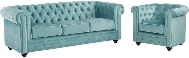 Vente-unique Chesterfield Couchgarnitur aus Samt mit 3-Sitzer-Sofa und Sessel in Hellblau, Breite: 205 cm, Höhe: 82 cm, Tiefe: 78 cm - Bild 1