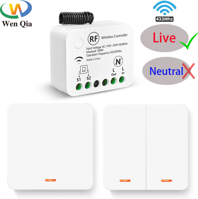 WenQia RF 433 MHz kabelloser Lichtschalter als Mini-Relaismodul in Weiß, kein Neutralleiter erforderlich, kompatibel mit 86-Panel-Schaltern, 110 V - 220 V - Bild 1