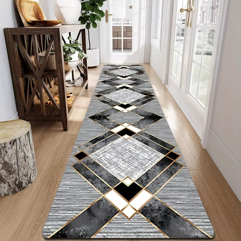 VIKAMA Luxus-Läufer mit geometrischem Design und Goldlinien, rutschfester Langflor-Teppich in Grau für Flur und Eingangsbereich, Breite: 120 cm - Bild 2