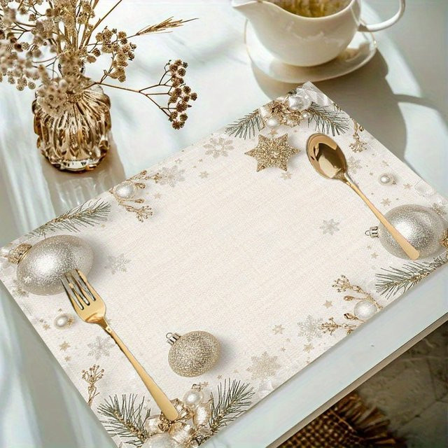 VIKAMA Weihnachts-Tischsets mit Sternen, Kugeln und Kiefernzweigen in Silber und Weiß, 4 oder 6 Stück - Bild 1