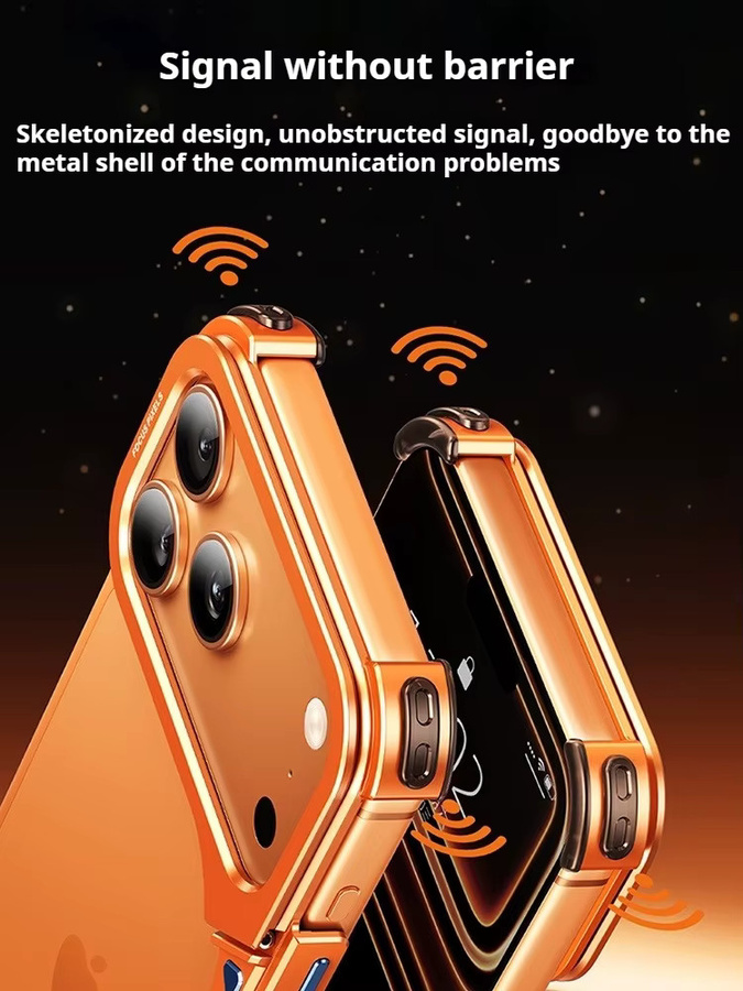 Eary Metall-Bumper-Handyhülle für iPhone 17 Pro Max in Orange mit MagSafe Wireless Charging und Objektivhalterung, rahmenlose Schale mit 9-förmigem Design - Bild 2