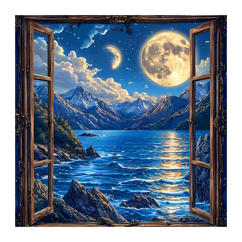 Huacan Diamantgemälde Landschaft mit Meer, Berg und Mond in Blau als dekoratives Diamantmosaik Set - Bild 4