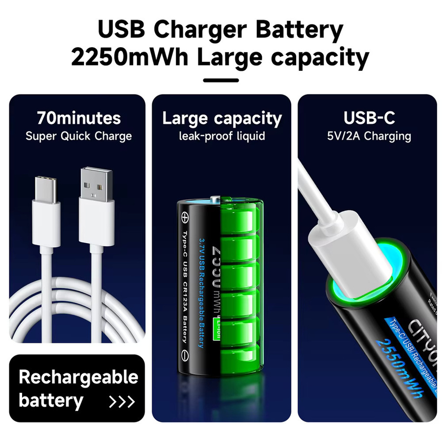 CITYORK CR123A 3,7V Li-Ionen Akku mit USB-C Anschluss, 2550mWh, Schwarz - Bild 2