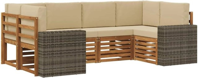 vidaXL Ecksofa Set L-Form in Natur-Beige aus Akazienholz und Polyester mit 6 Sitzkissen und 8 Rückenkissen - Bild 1