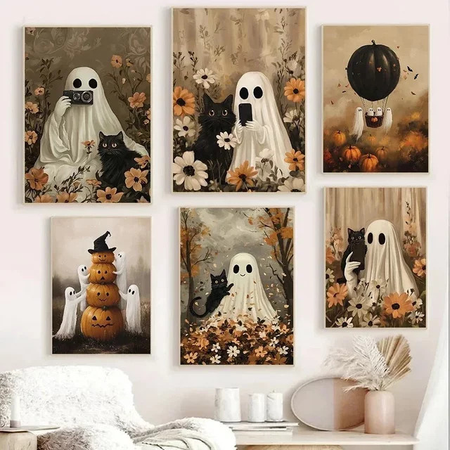 Potdemiel Retro-Leinwandgemälde für Halloween und Herbst mit süßem Geist, Kürbis und schwarzer Katze in Mehrfarbig - Bild 1