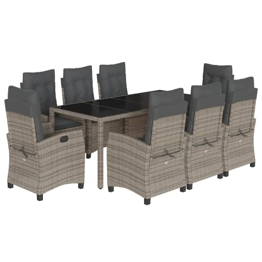 vidaXL 9-teilige Garten-Essgruppe aus Poly-Rattan in Grau mit Kissen und Hartglas-Tischplatte - Bild 2