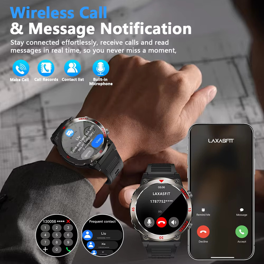 LAXASFIT Smartwatch, Herren, Schwarz, Silikon, Bluetooth, Rund - Bild 4