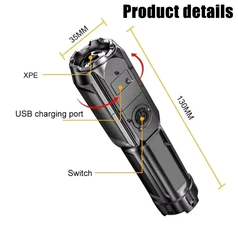XIWANGFIRE K19 Taktische Taschenlampe mit Teleskop-Zoom und eingebauter Batterie in Schwarz - Bild 5
