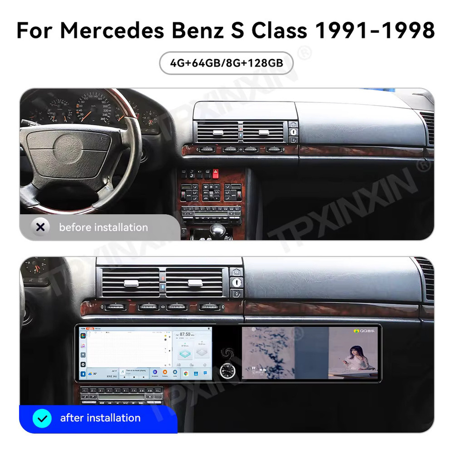 TPXINXIN Android Auto und CarPlay Multimedia Autoradio mit GPS-Navigation für Mercedes Benz S-Klasse W140 1991-1998, 24,6 Zoll, Schwarz - Bild 3