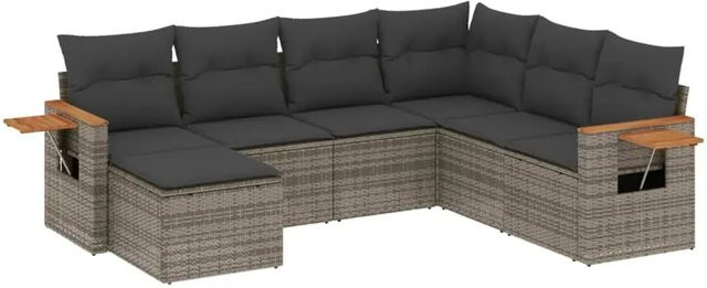 vidaXL 7-tlg. Garten-Sofagarnitur aus Polyrattan in Grau mit Kissen und Metallgestell - Bild 1