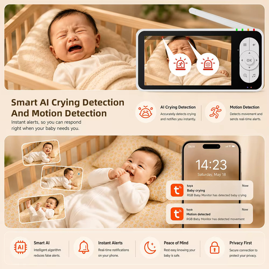 REHENTINT Tuya SmartLife Babyphone Kamera mit 5-Zoll-Bildschirm, 1080P FHD, Infrarot Nachtsicht und Schrei-Geräuscherkennung, Weiß, WLAN- und WLAN-freie Modi - Bild 5