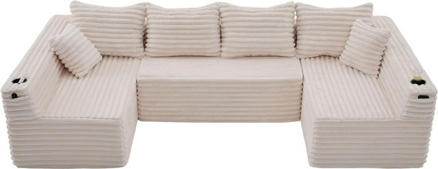 GOMYWAY Home U-förmiges Cord-Sofa in Beige mit integriertem Getränkehalter und Seitentaschen, Federkernpolsterung, B: 320 cm, T: 155 cm, H: 88 cm - Bild 1