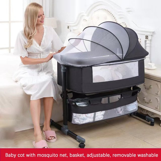 Multifunktionales Pakey Babybett mit Moskitonetz und Wickeltisch, höhenverstellbar und tragbar für Neugeborene, Farben: Pink oder Grau - Bild 1