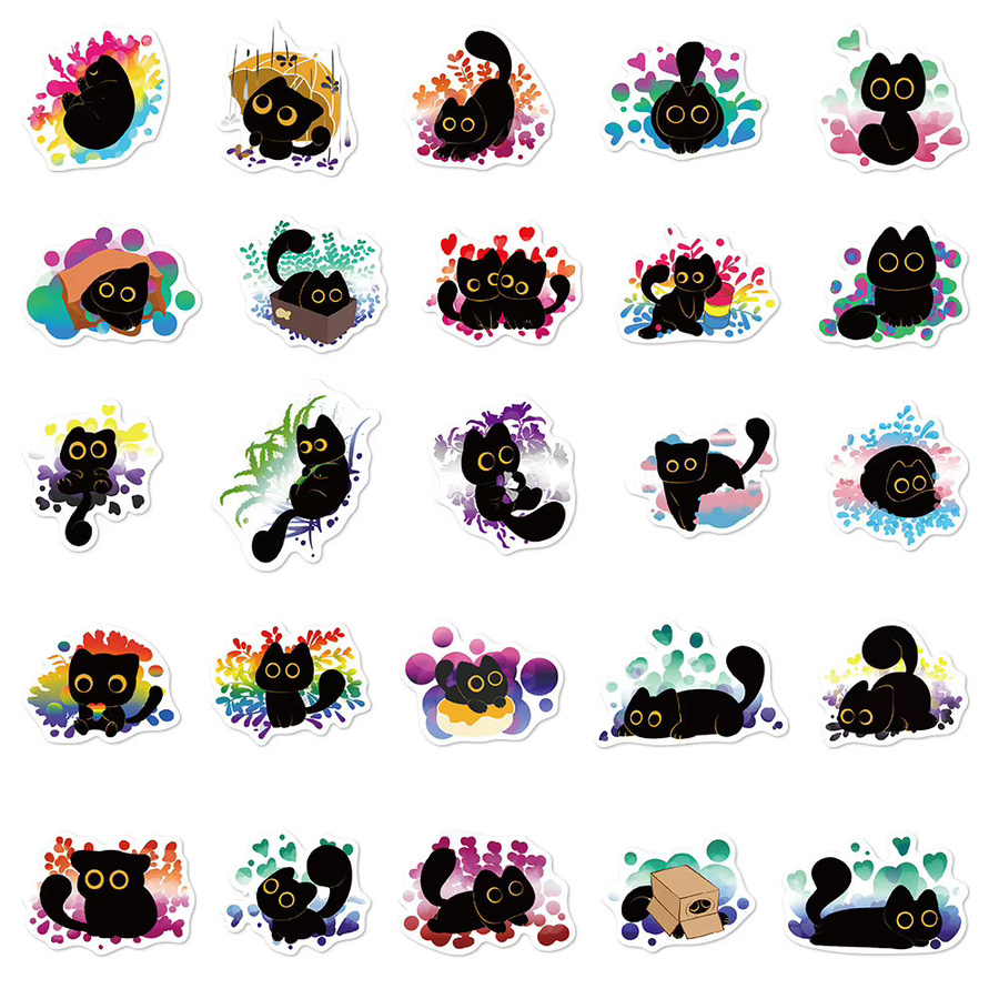 Charile Regenbogen schwarze Katze Aufkleber, Kawaii Cartoon Kätzchen Aufkleber, 10-teiliges Set - Bild 4