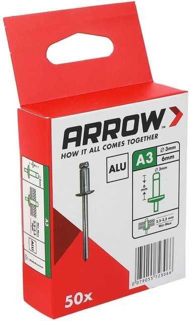 Arrow Blindniete aus Aluminium in Silber, Durchmesser: 3 mm, Länge: 6 mm, 50 Stück - Bild 1