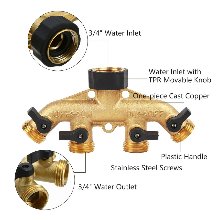TOMTOP JMS 4-Wege-Gartenschlauchverteiler in Gold mit 3/4 Zoll Wasserhahn-Umleitungsschlauch, 2 Verlängerungsfedern und 4 Unterlegscheiben - Bild 7