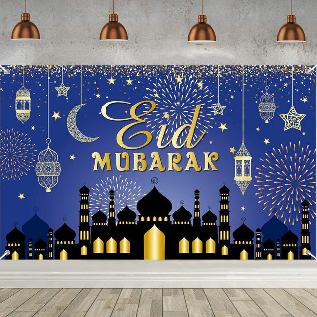 VIKAMA Eid Al Fitr Ramadan Mubarak Hintergrundbanner für deine Partydekoration in Blau mit Mond-Motiv und orientalischem Design - Bild 1