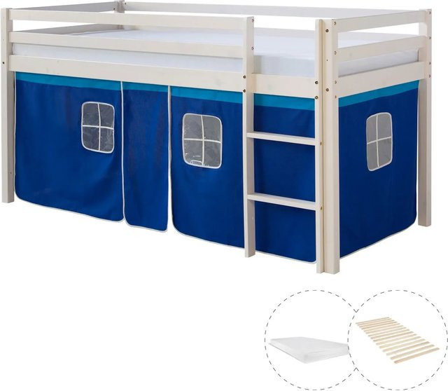 Homestyle4u Hochbett aus Kiefernholz mit Vorhang, Lattenrost und Matratze in Weiß und Blau, B/T/H: 90 x 200 cm - Bild 1