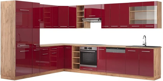 Vicco Fame-Line Eckküche Bordeaux Hochglanz in Goldkraft Eiche, moderne Küchenzeile mit Soft-Close-Türen, Breite: 347 cm, Tiefe: 257 cm - Bild 1