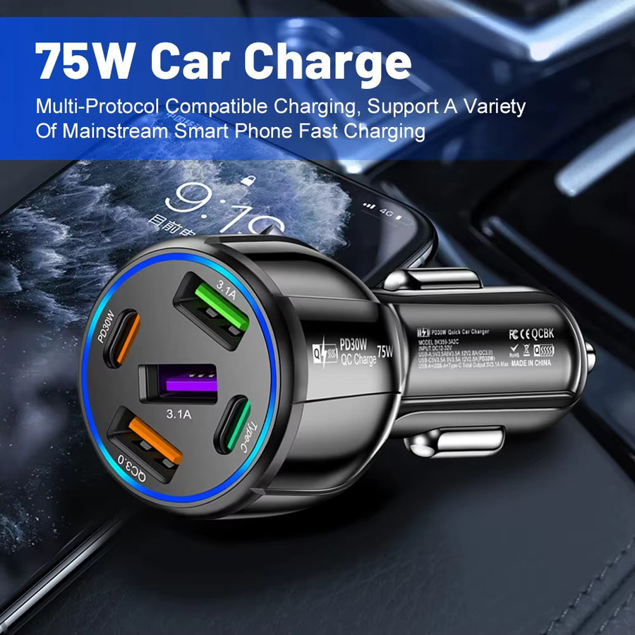 75 W USB Typ C Auto Ladegerät mit 5 Ports, PD Quick Charge 3.0 Schnellladegerät für iPhone, Samsung, Xiaomi und Huawei, Schwarz - Bild 2