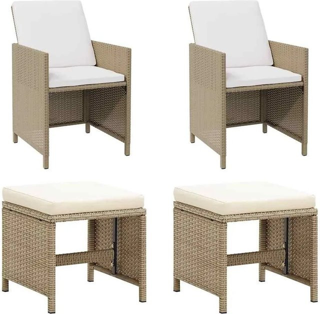 Furnicato Gartenstuhl-Set aus PE-Rattan mit Hocker und Polstern in Beige - Bild 1