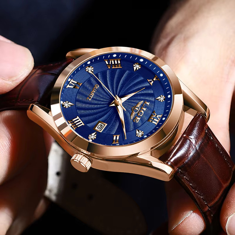 LIGE Chronograph Herren, Quarz, Leder, Blau, Edelstahl, Datum - Bild 3