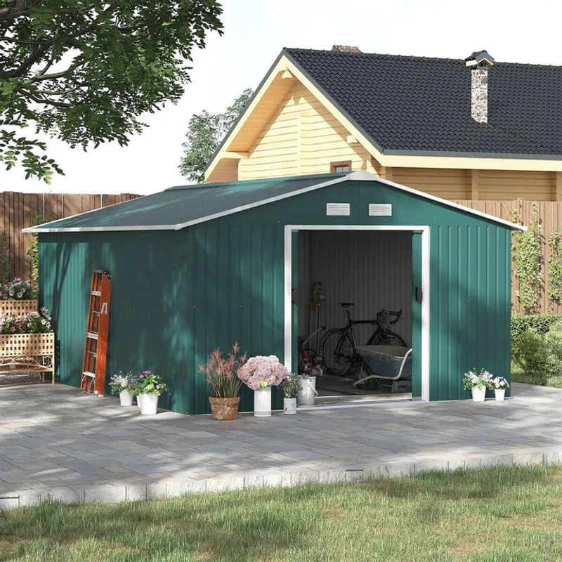 Outsunny Gerätehaus aus verzinktem Stahl mit Pultdach und Schiebetür, Dunkelgrün, B/H/T: 386 x 200 x 340 cm - Bild 4