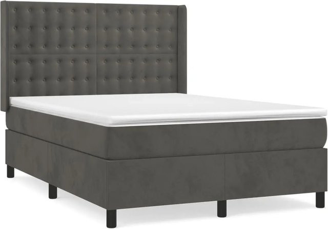 vidaXL Boxspringbett mit Matratze in Dunkelgrau aus Samt, Hybrid-Design mit Taschenfederkern, B/T/H: 140 x 190 x 128 cm - Bild 1