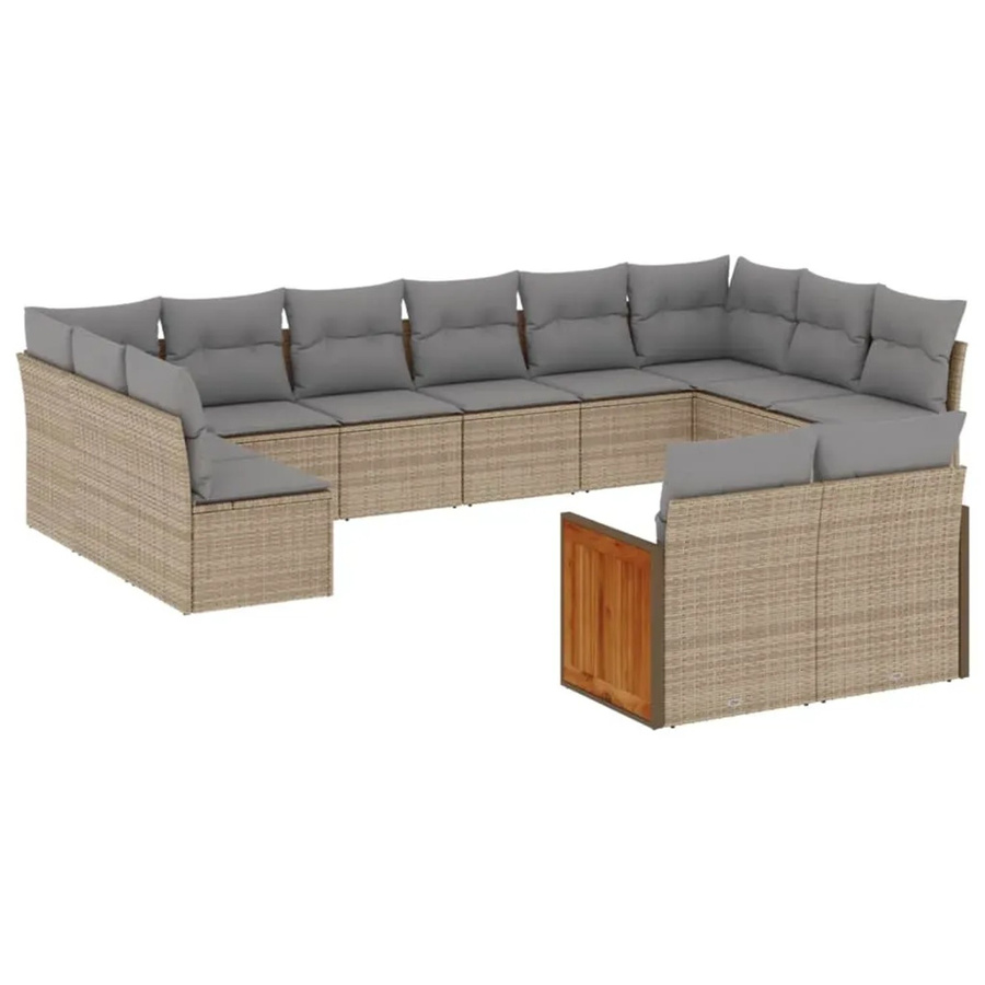 vidaXL 12-tlg. Garten-Sofagarnitur in L-Form aus Polyrattan und Akazienholz in Beige mit Kissen und Stauraum - Bild 2