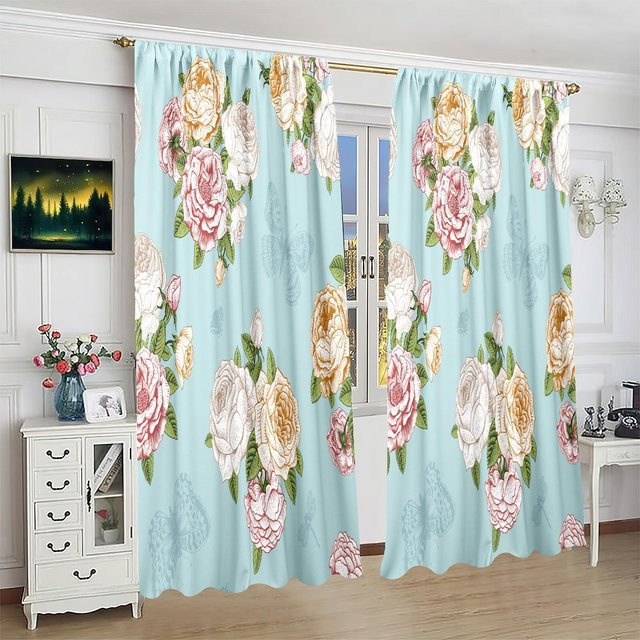 Yiran Furniture Blumen Vorhang Set aus Polyester in Grau und Blau, 2er Pack Sichtschutzvorhang mit floralem Design für Wohnzimmer und Schlafzimmer - Bild 1