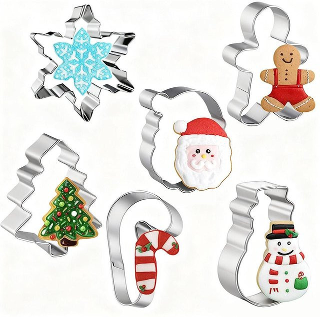 Weihnachts-Ausstecher-Set mit 6 Keksausstechern in den Formen Weihnachtsmann, Schneemann, Weihnachtsbaum, Lebkuchenmann, Zuckerstange und Schneeflocke - Bild 1