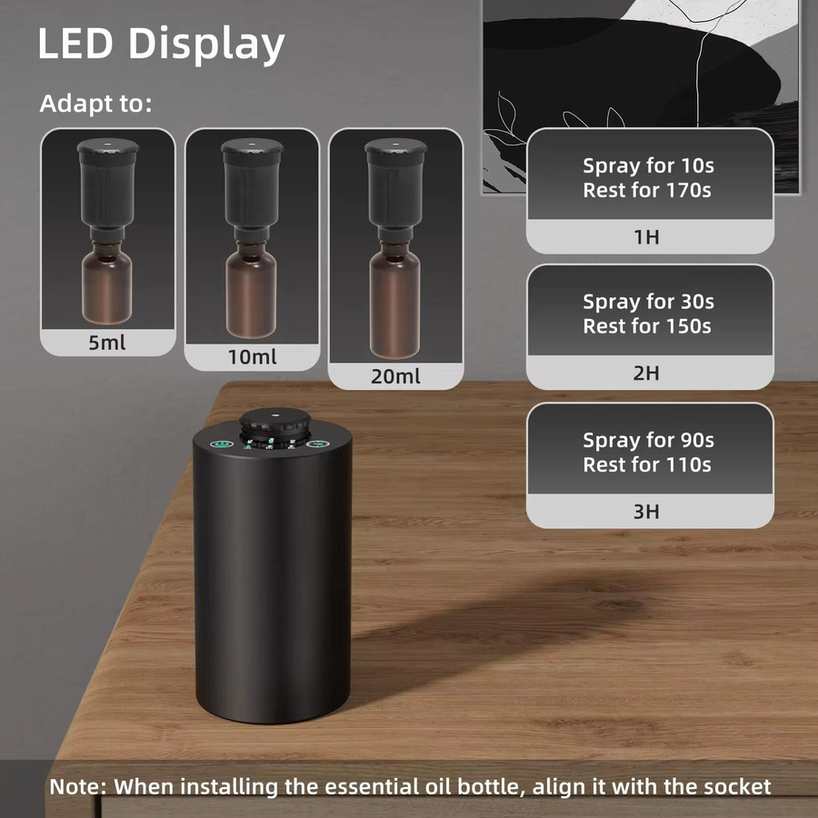 PDQ Wasserloser Ultraschall-Aromadiffusor für ätherische Öle, batteriebetriebener Diffusor mit 3 einstellbaren Nebelstufen, Schwarz - Bild 2