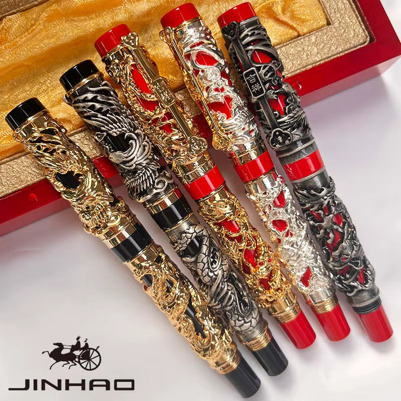 Jinhao Vintage Metall-Rollerball-Stift mit Drachen- und Phönix-Gravur, schwarze Tinte - Bild 1
