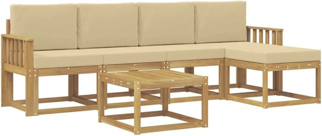 vidaXL 6-tlg. Outdoor-Sofagarnitur in L-Form aus Akazienholz mit Kissen und Couchtisch in Weiß und Beige - Bild 1
