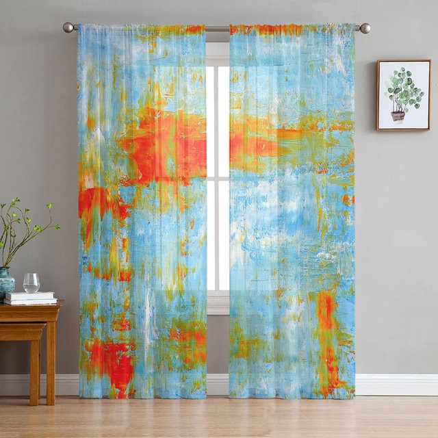 Transparenter Chiffon-Vorhang mit abstraktem Grafikmuster in Gelb und Grau, Breite: 100 cm, Höhe: 250 cm - Bild 1