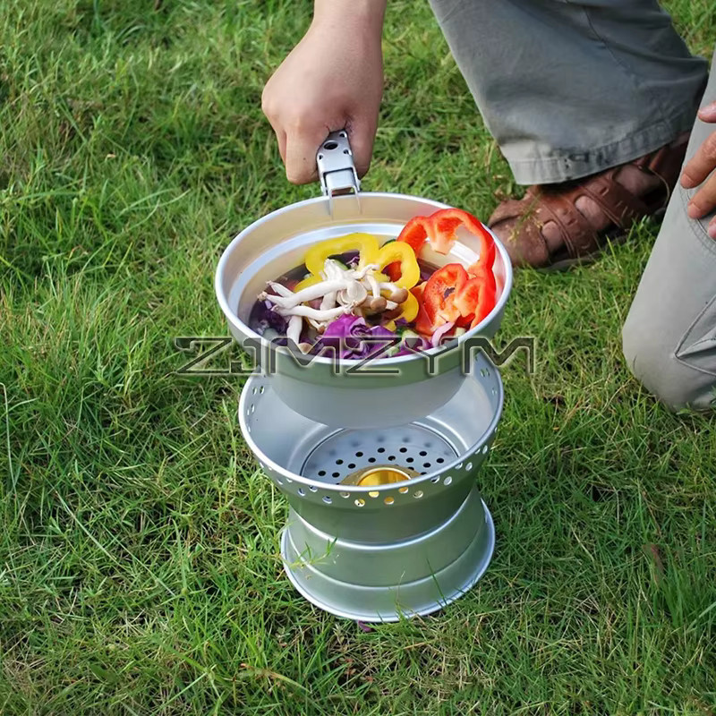 ZJMZYM 7-teiliges Camping Kochgeschirr Set aus Aluminiumlegierung in Silber mit faltbarem Alkoholherd und Greifer - Bild 2