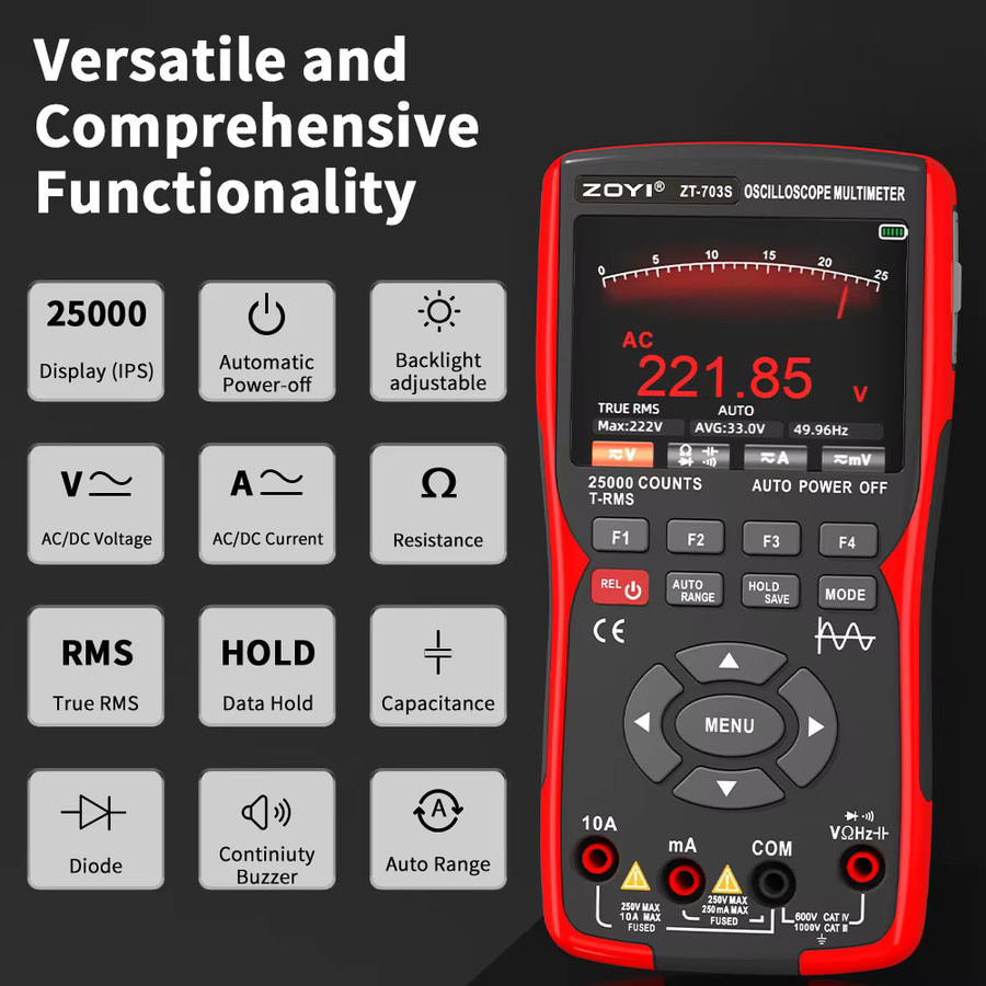 ZOYI ZT-703S 3-in-1 Oszilloskop-Multimeter mit 3,5 Zoll IPS-Display, 50MHz Bandbreite und 280MSa/s, Farbe: Rot - Bild 2