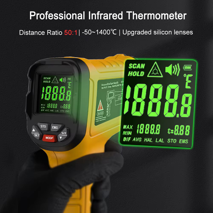 BSIDE Infrarot-Thermometer Gelb - Professionelles digitales IR-LCD-Temperaturmessgerät als berührungsloses Laserthermometer und Pyrometer für Messbereiche von -50 bis 530/1400 °C - Bild 1