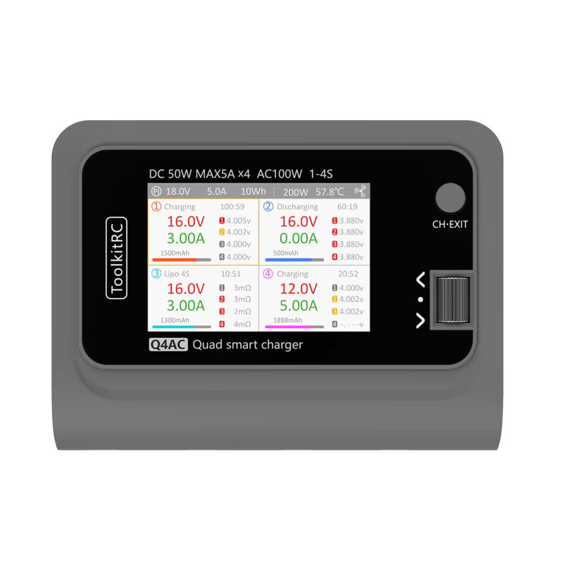 ToolkitRC Q4AC 3S Lipo-Akkuladegerät, für RC-Autos, mit XT60 XT30 Adaptern, 4-Port DC Smart-Entladegerät, 4x50W 5A AC 100W - Bild 2